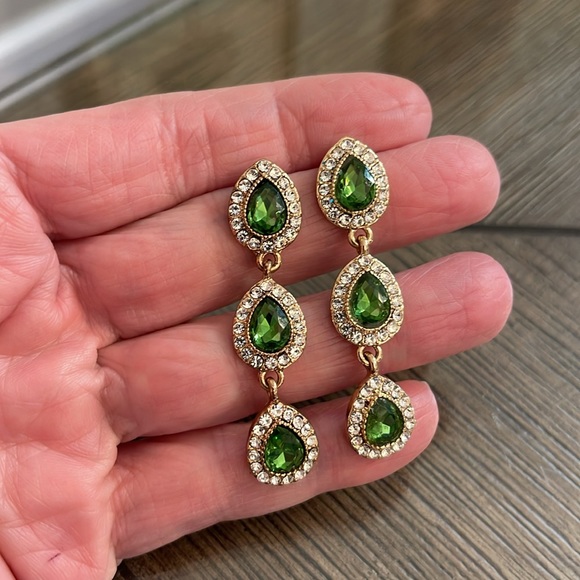 Monet Green & Clear Tear Drop Rhinestone Dangle Earrings - Picture 11 of 15